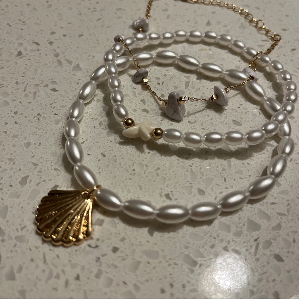 3pcs/Set White Starfish Pearl Beaded Gold Seashell Stone Chain Anklet - Picture 6 of 10